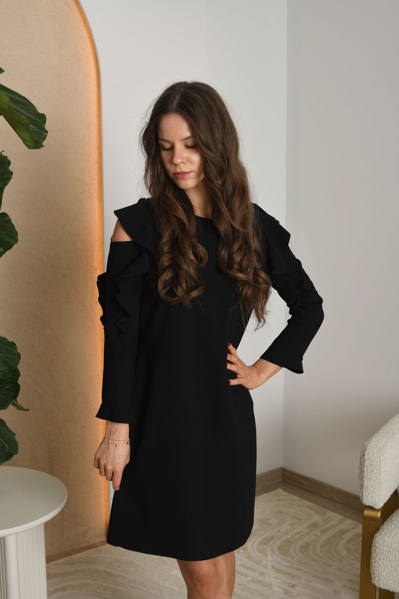 FOR RENT - Black Cold-Shoulder Ruffle Sleeve Mini Dress