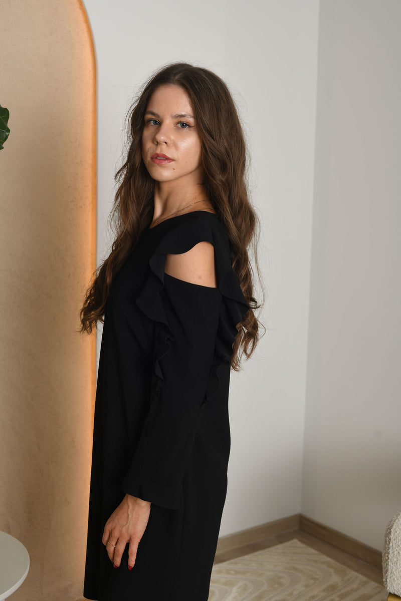 FOR RENT - Black Cold-Shoulder Ruffle Sleeve Mini Dress