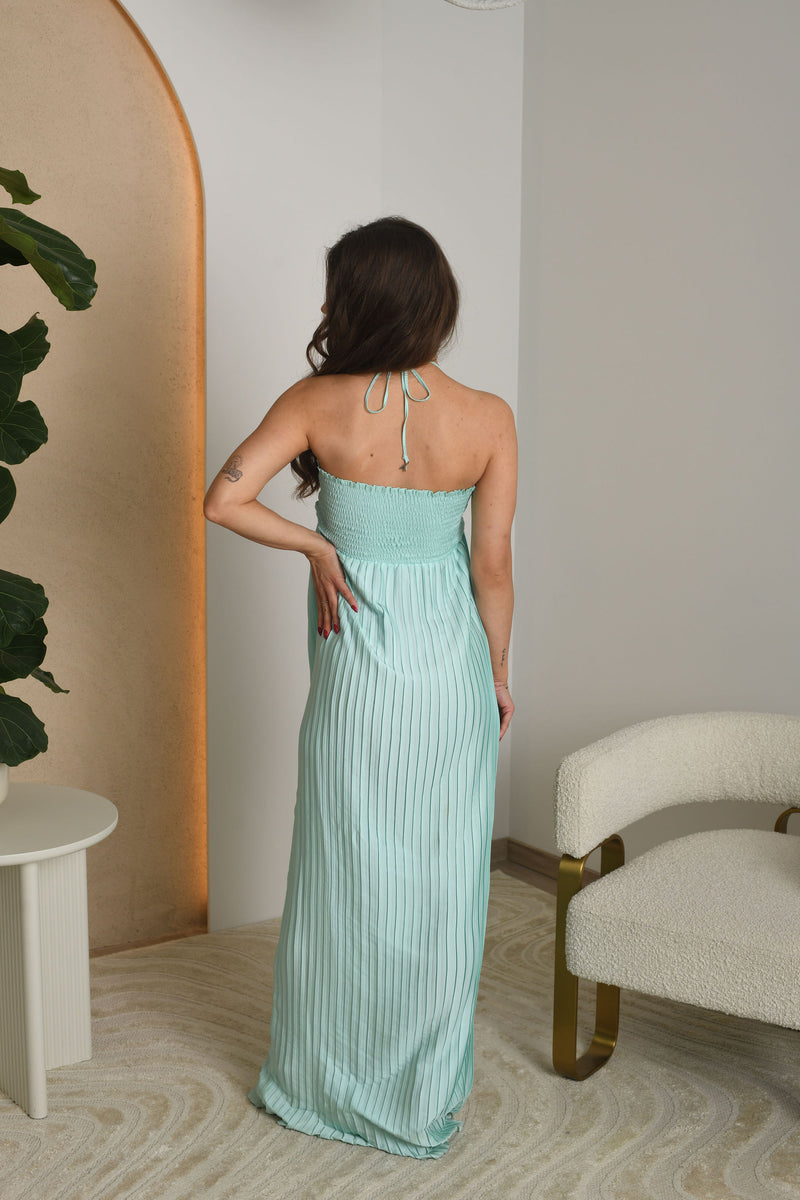 FOR RENT - Aqua Breeze Pleated Maxi Dress with Smocked Bodice