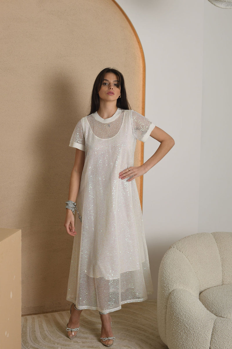 FOR RENT - Lila Sheer Overlay Midi Dress with Sequin Details