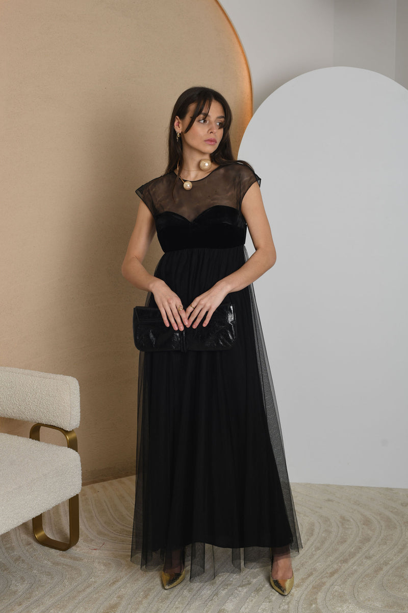 FOR RENT - Black Sheer Overlay Evening Gown with Velvet Bodice