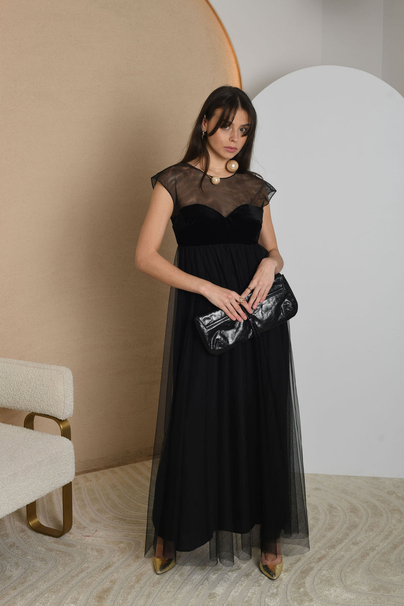 FOR RENT - Black Sheer Overlay Evening Gown with Velvet Bodice