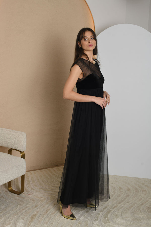 FOR RENT - Black Sheer Overlay Evening Gown with Velvet Bodice