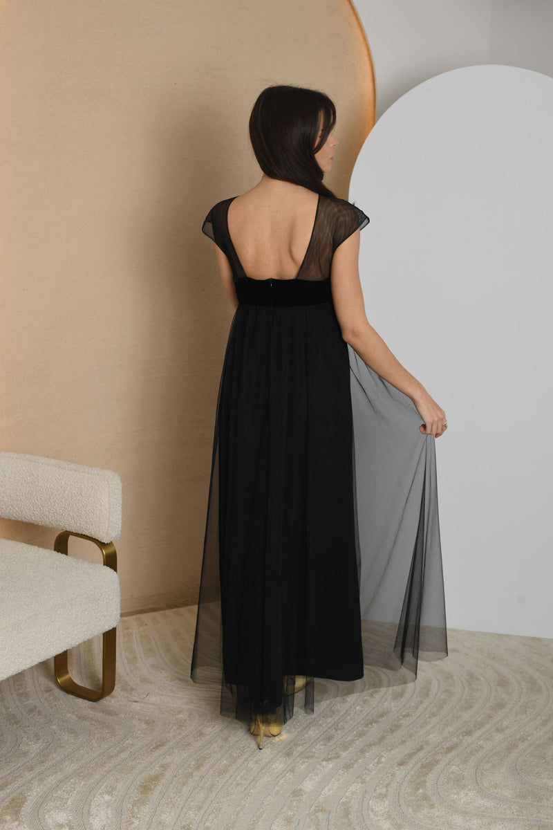 FOR RENT - Black Sheer Overlay Evening Gown with Velvet Bodice