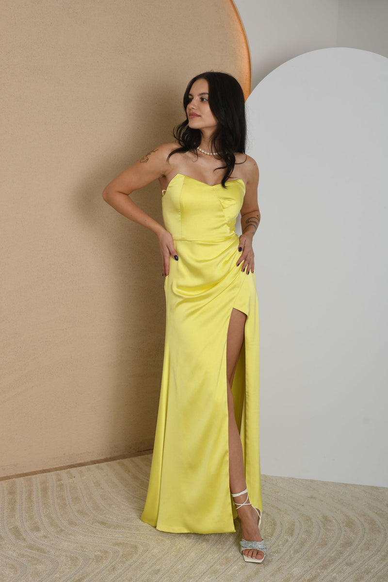 FOR RENT - Lemon Satin Gown with Sweetheart Neckline and High Slit