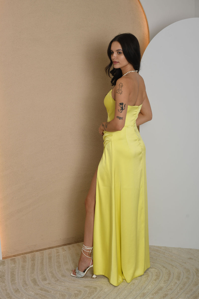 FOR RENT - Lemon Satin Gown with Sweetheart Neckline and High Slit