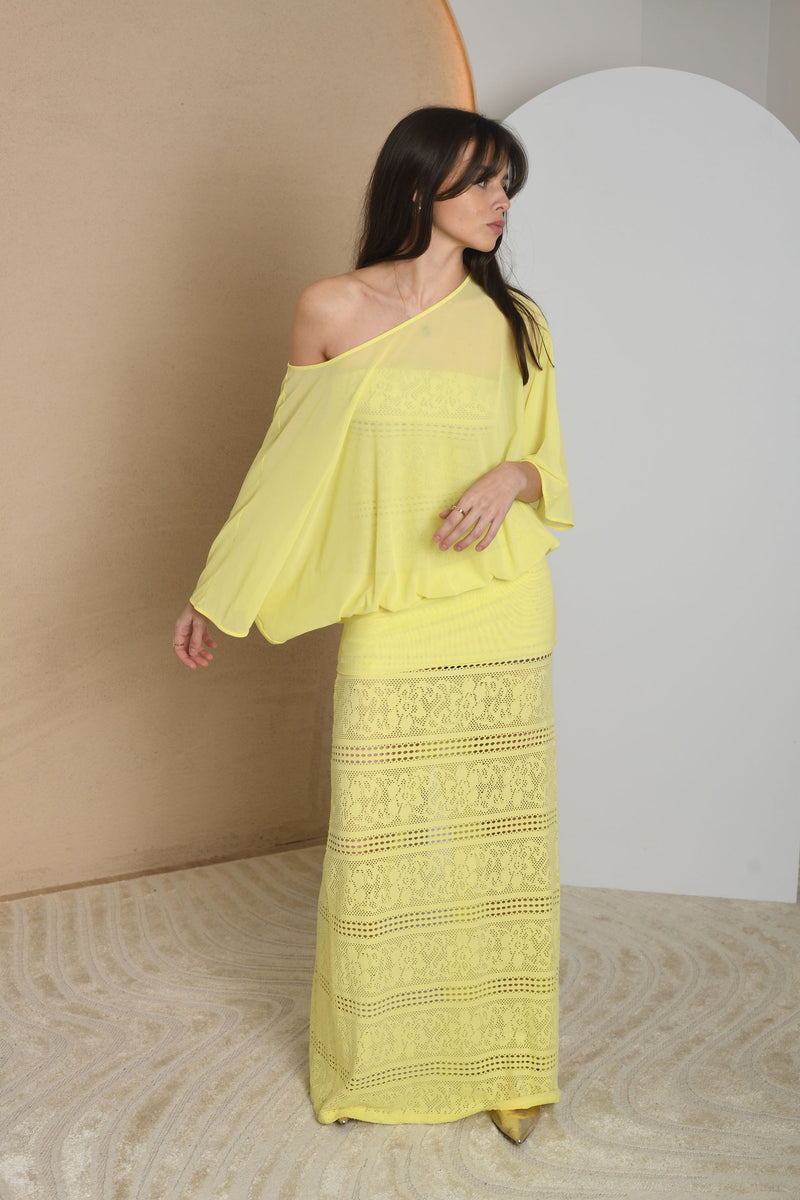 FOR RENT - Lemon Off-Shoulder Knit Maxi Dress with Lace Detailing