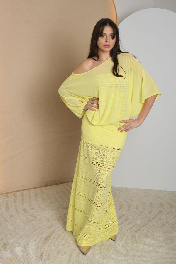 FOR RENT - Lemon Off-Shoulder Knit Maxi Dress with Lace Detailing