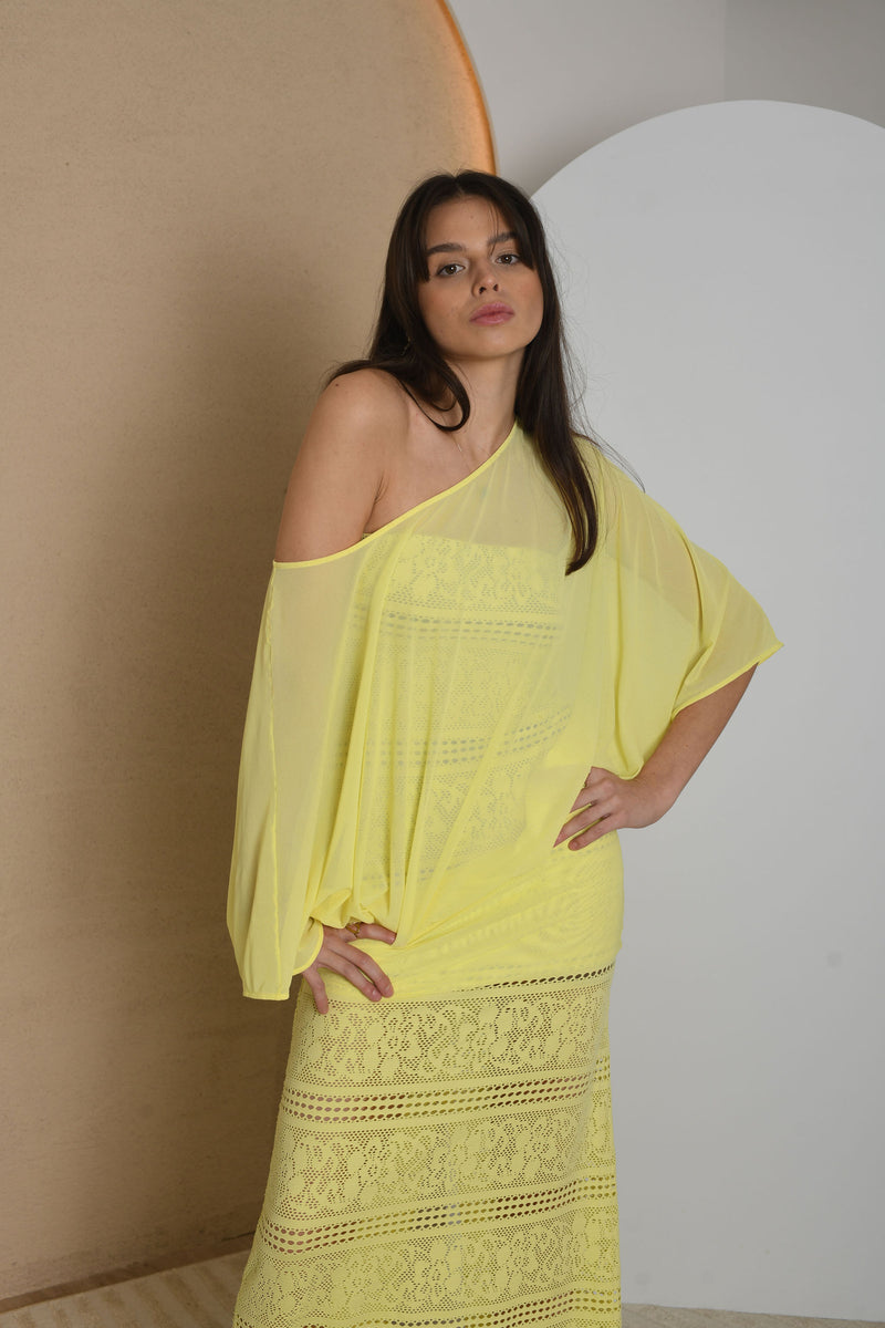 FOR RENT - Lemon Off-Shoulder Knit Maxi Dress with Lace Detailing