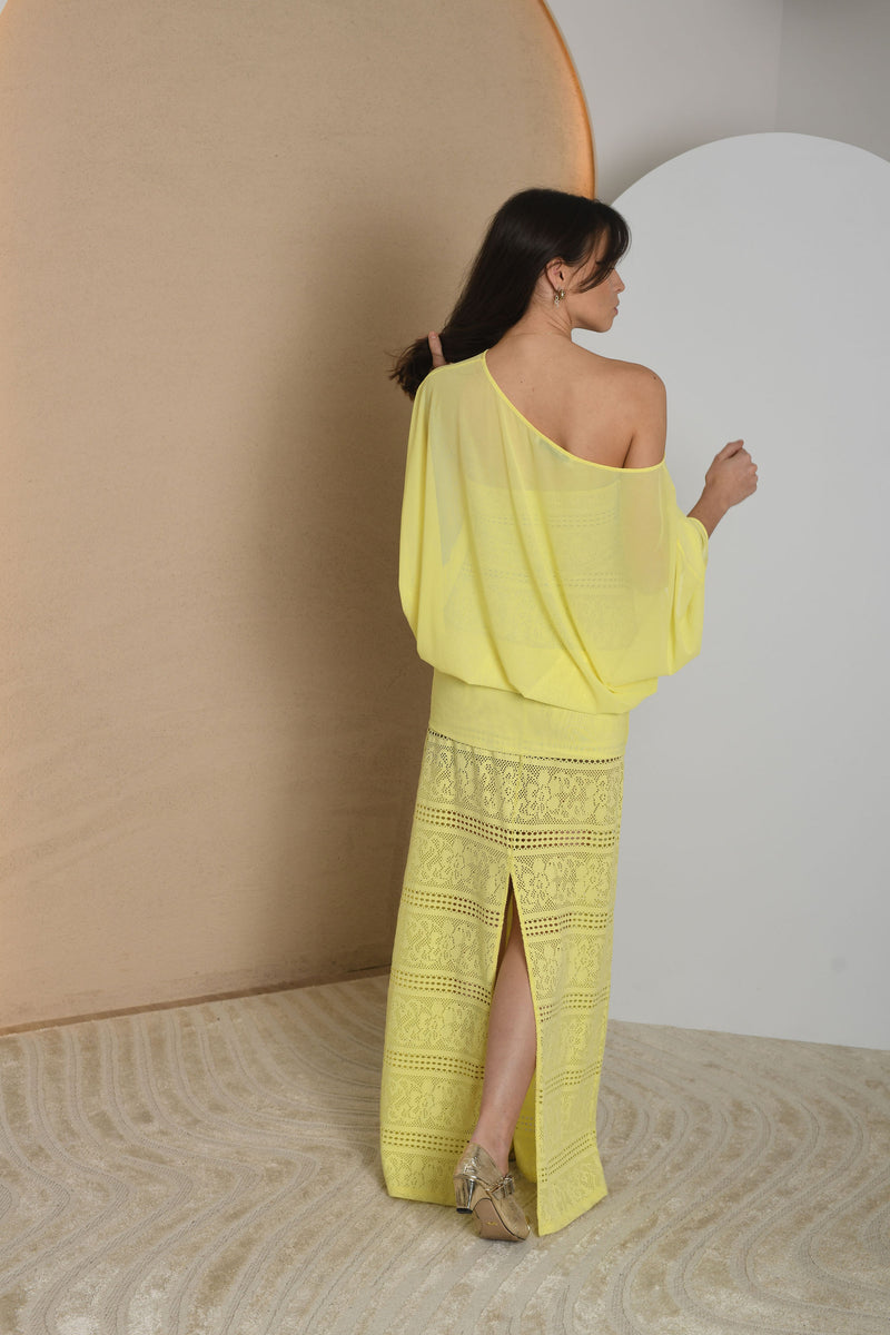 FOR RENT - Lemon Off-Shoulder Knit Maxi Dress with Lace Detailing