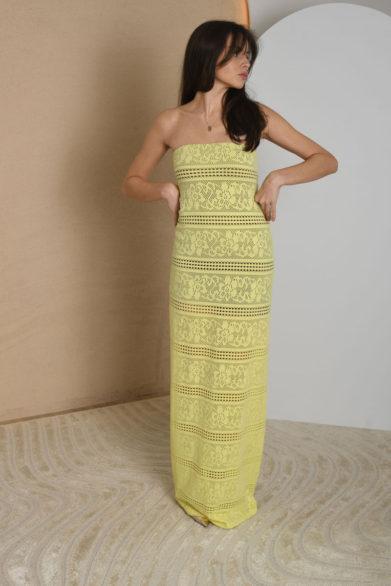 FOR RENT - Lemon Off-Shoulder Knit Maxi Dress with Lace Detailing