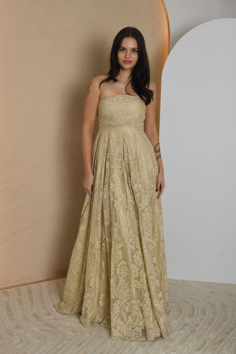 FOR RENT - Gold Strapless Lace Gown with Flowing Skirt