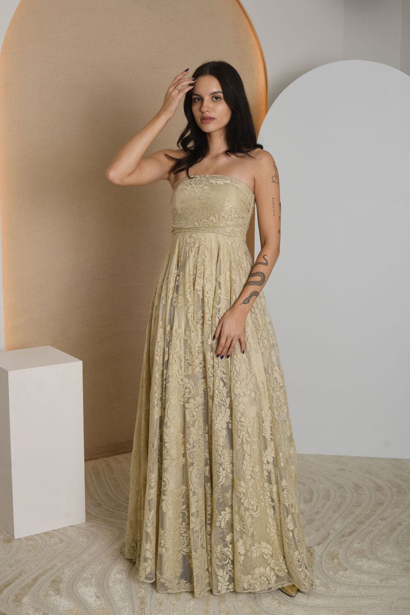 FOR RENT - Gold Strapless Lace Gown with Flowing Skirt