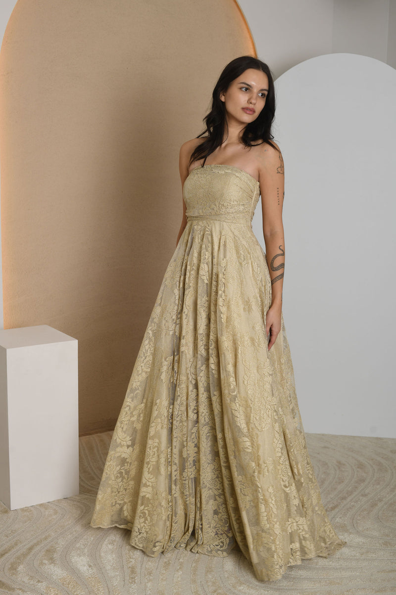 FOR RENT - Gold Strapless Lace Gown with Flowing Skirt