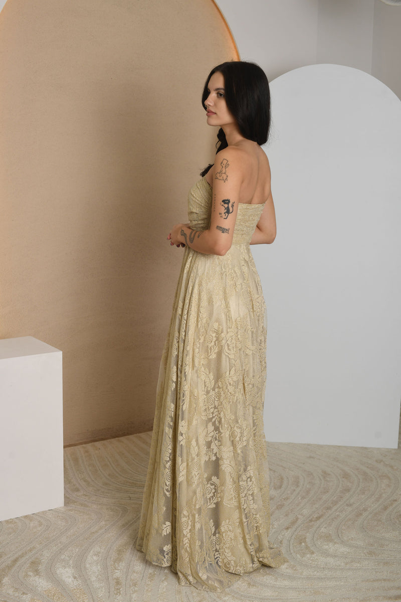 FOR RENT - Gold Strapless Lace Gown with Flowing Skirt