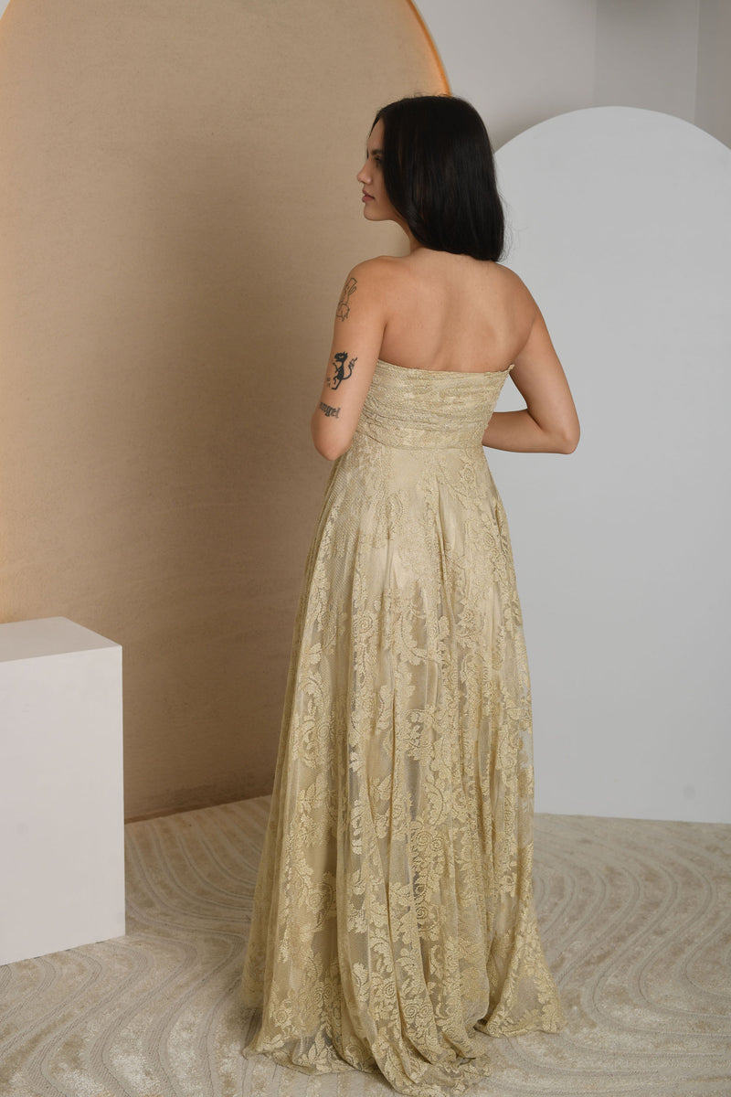 FOR RENT - Gold Strapless Lace Gown with Flowing Skirt