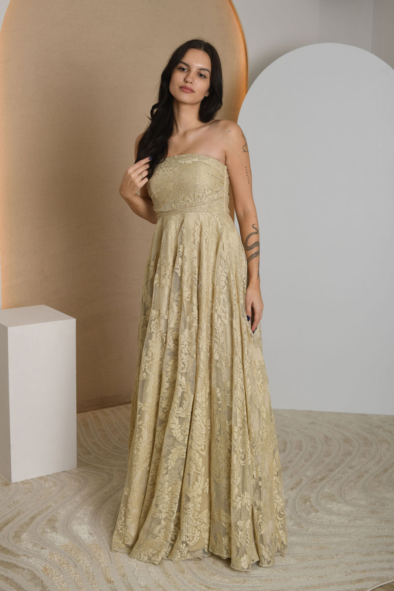 FOR RENT - Gold Strapless Lace Gown with Flowing Skirt