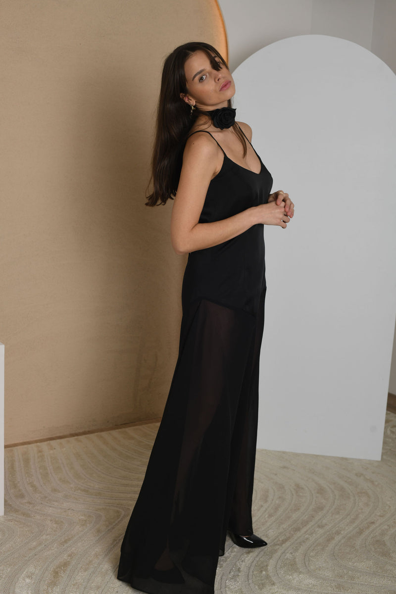 FOR RENT - Black Satin Maxi Dress with Sheer Chiffon Overlay