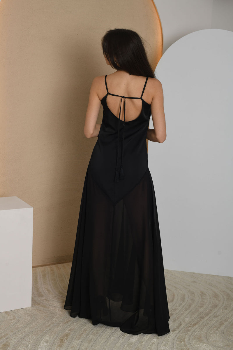 FOR RENT - Black Satin Maxi Dress with Sheer Chiffon Overlay