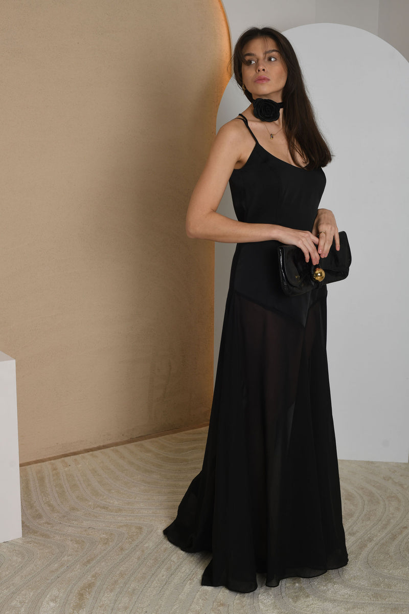 FOR RENT - Black Satin Maxi Dress with Sheer Chiffon Overlay