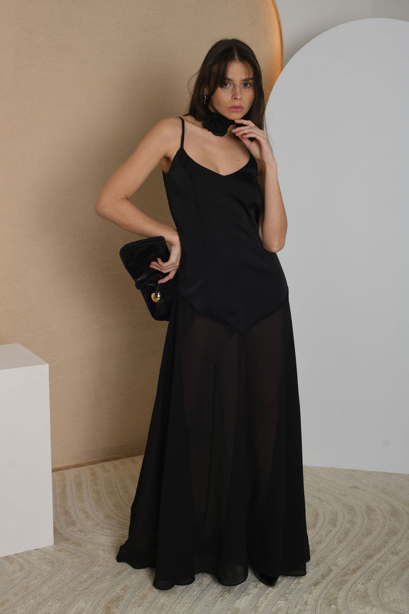 FOR RENT - Black Satin Maxi Dress with Sheer Chiffon Overlay