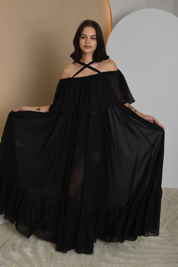 FOR RENT - Celeste Off-Shoulder Flowy Maxi Dress in Black