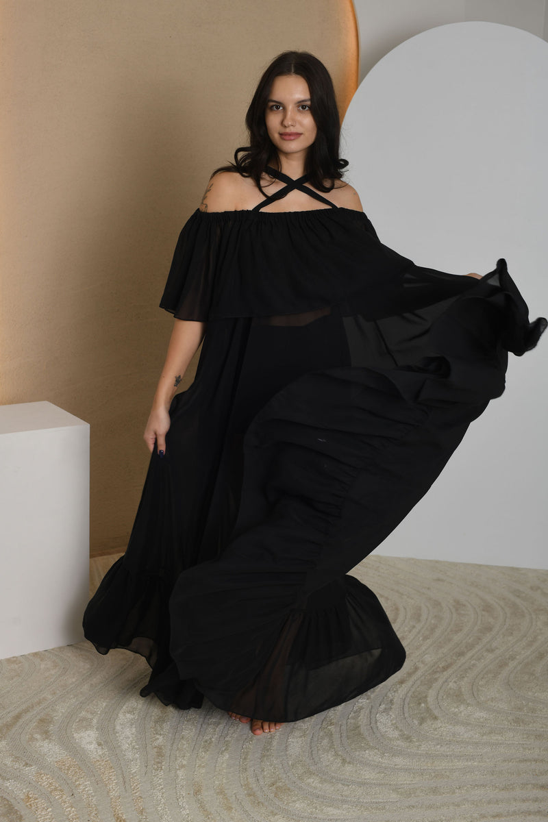 FOR RENT - Celeste Off-Shoulder Flowy Maxi Dress in Black