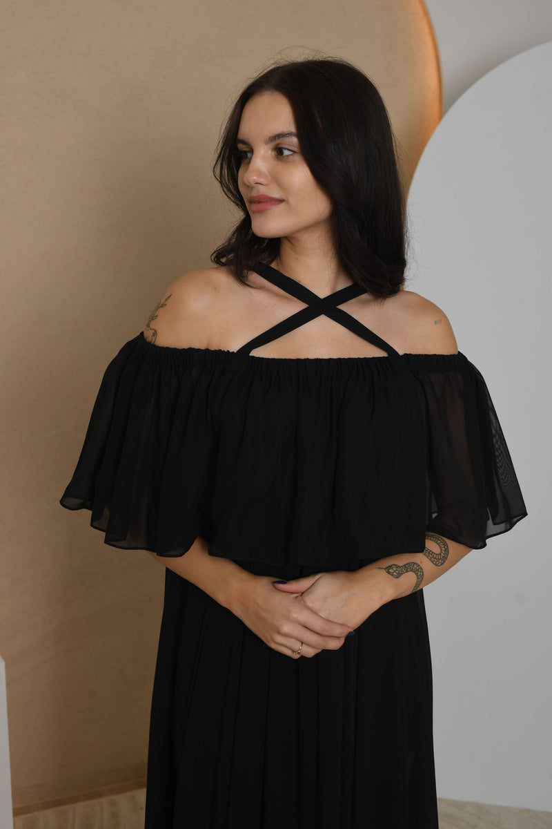 FOR RENT - Celeste Off-Shoulder Flowy Maxi Dress in Black