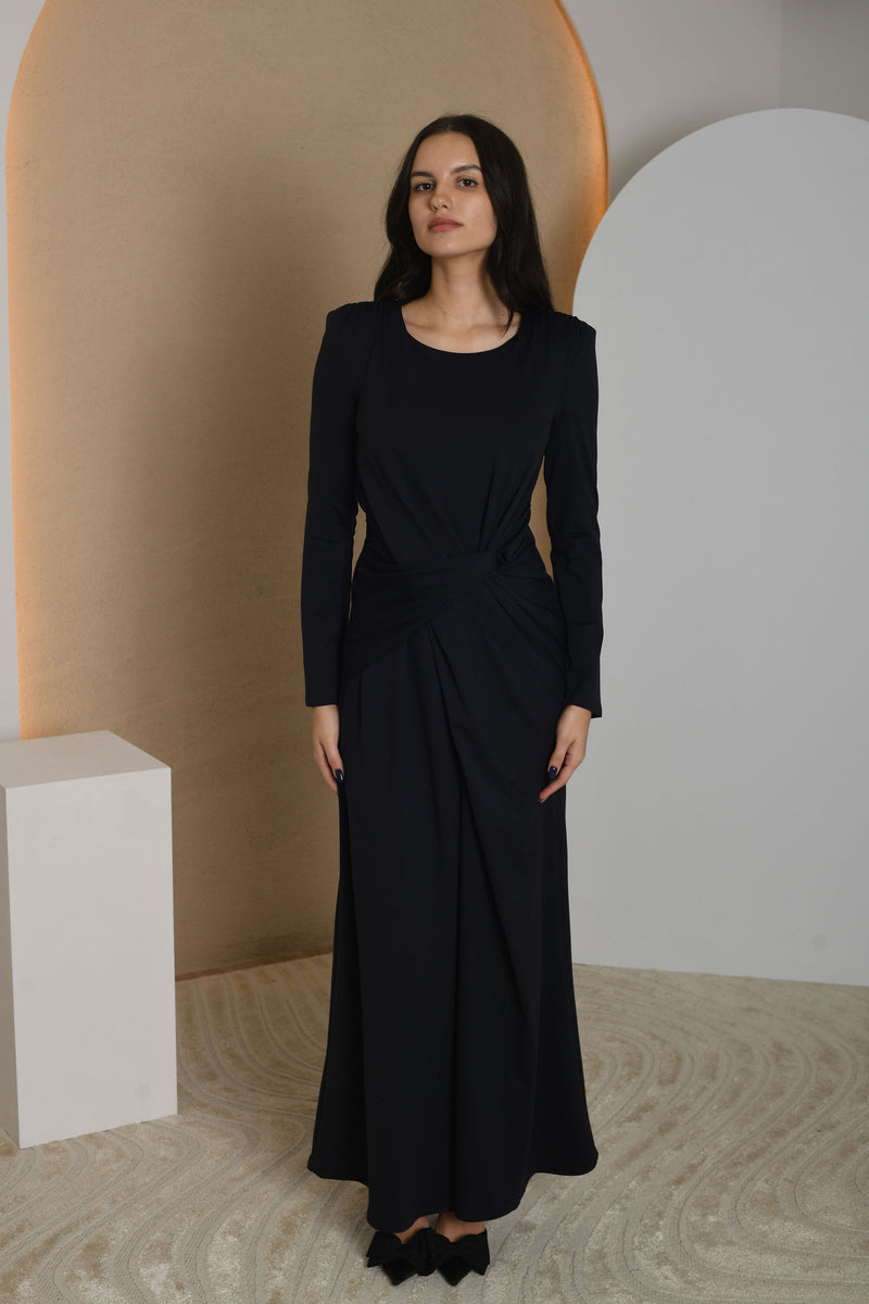 FOR RENT - Long Sleeve Satin Draped Gown with Waist Detail