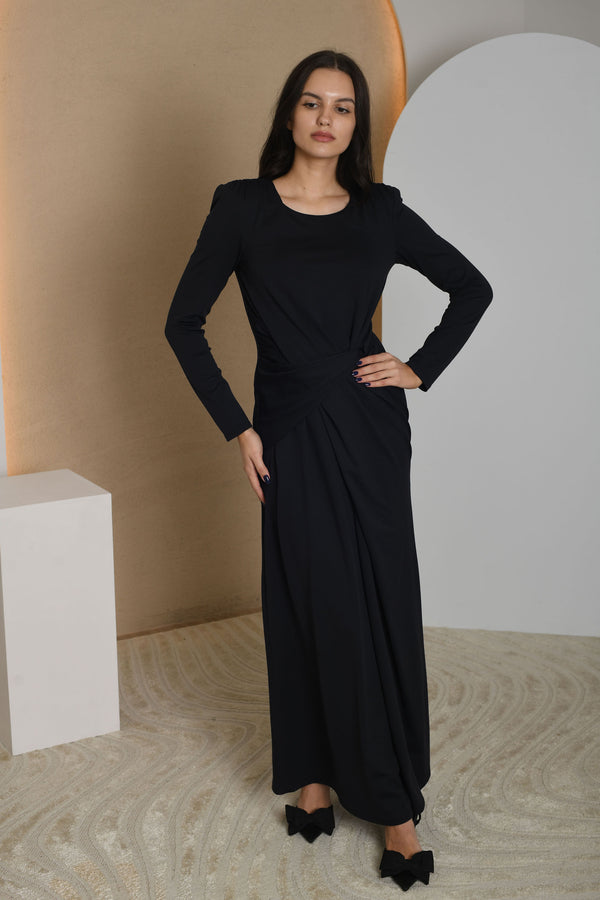 FOR RENT - Long Sleeve Satin Draped Gown with Waist Detail