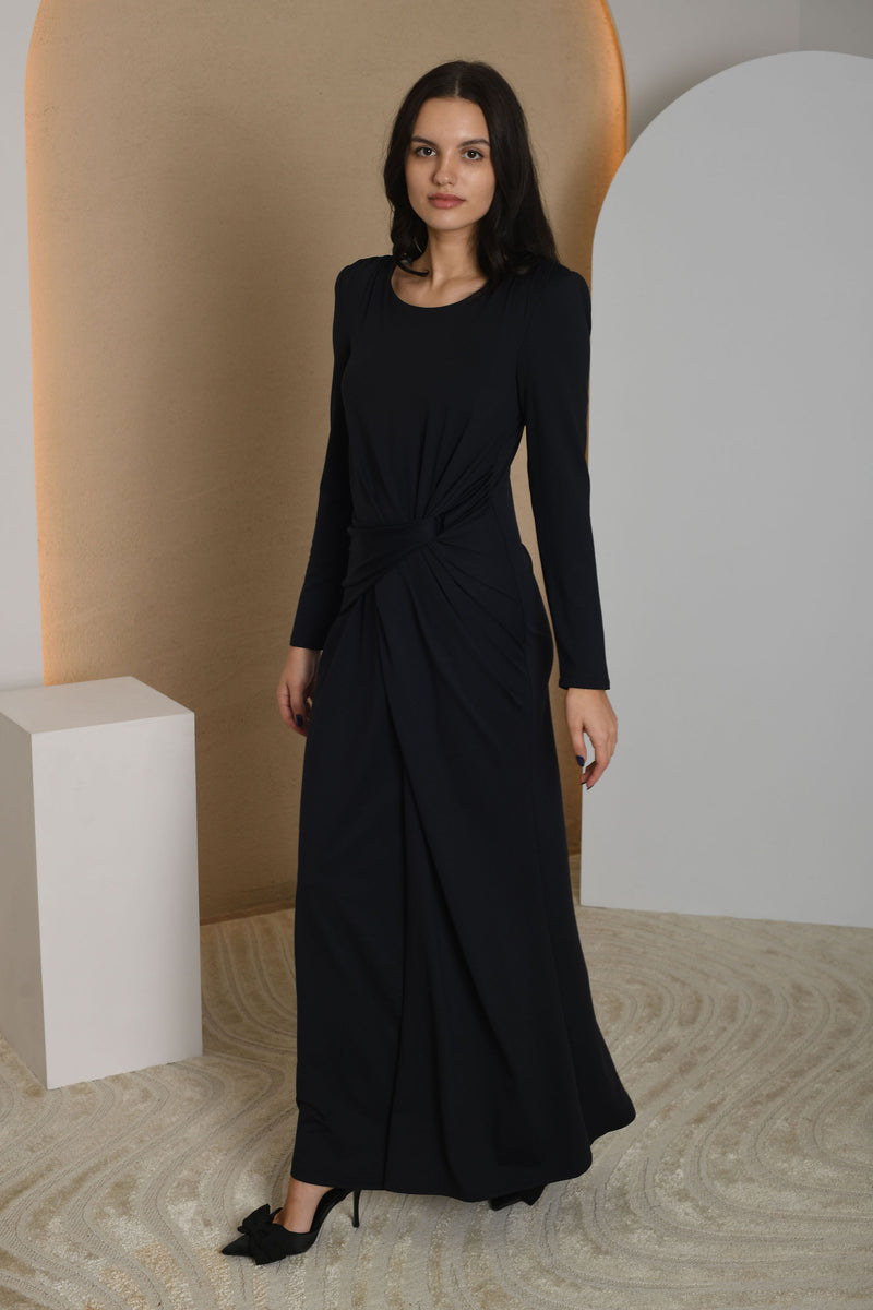 FOR RENT - Long Sleeve Satin Draped Gown with Waist Detail