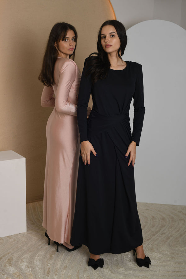 FOR RENT - Long Sleeve Satin Draped Gown with Waist Detail