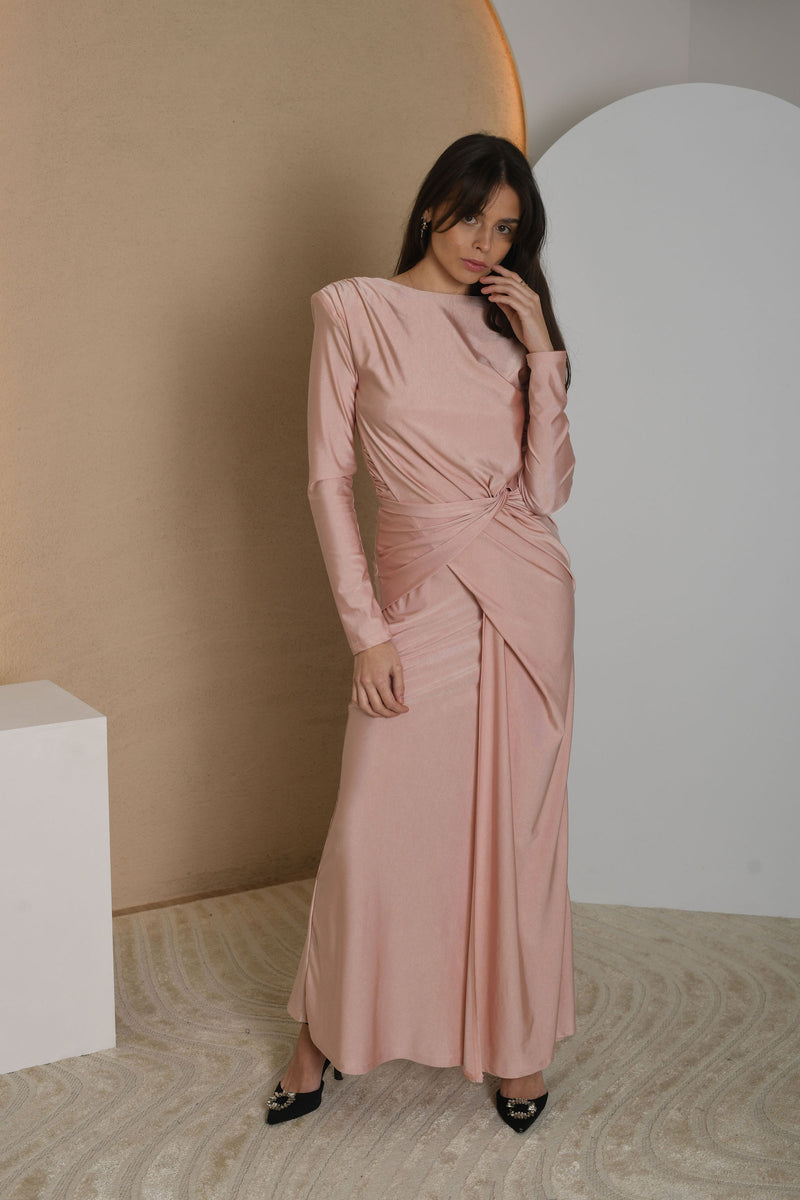 FOR RENT - Long Sleeve Satin Draped Gown with Waist Detail