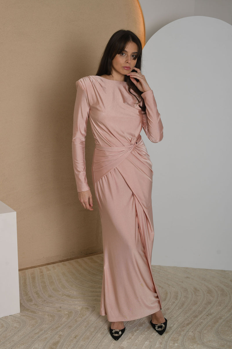 FOR RENT - Long Sleeve Satin Draped Gown with Waist Detail