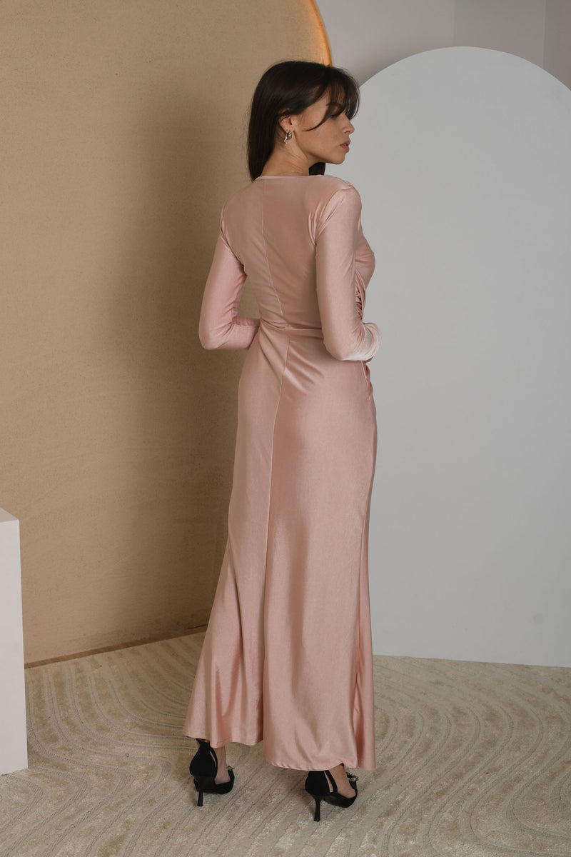 FOR RENT - Long Sleeve Satin Draped Gown with Waist Detail