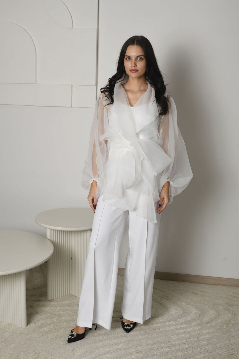 FOR RENT - Luna Organza Overlay Suit with Wide-Leg Trousers