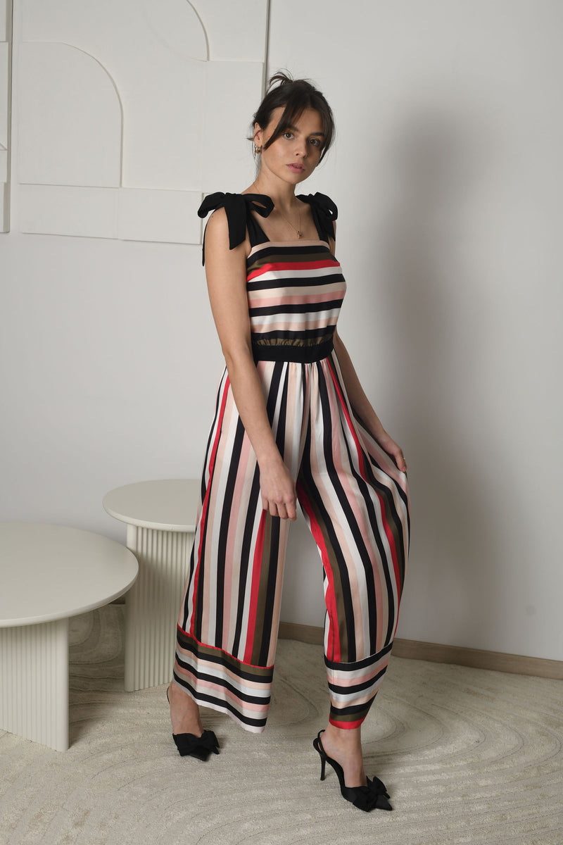 FOR RENT - Striped Wide-Leg Jumpsuit with Bow Shoulder Straps