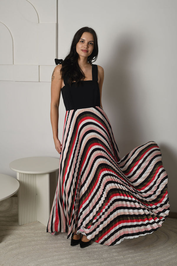 FOR RENT - Aria Pleated Striped Maxi Dress with Shoulder Bows