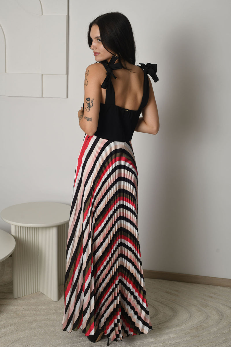 FOR RENT - Aria Pleated Striped Maxi Dress with Shoulder Bows