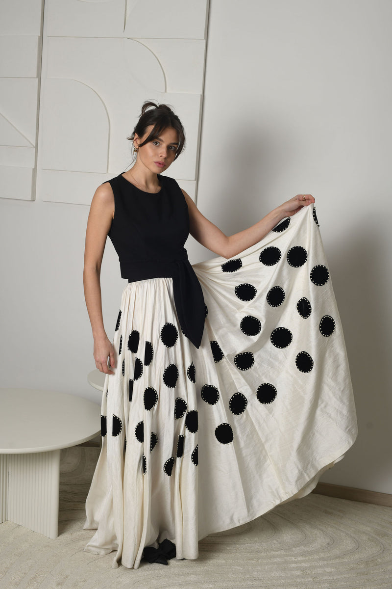 FOR RENT - Celeste Polka Dot Maxi Skirt & Asymmetric Black Top