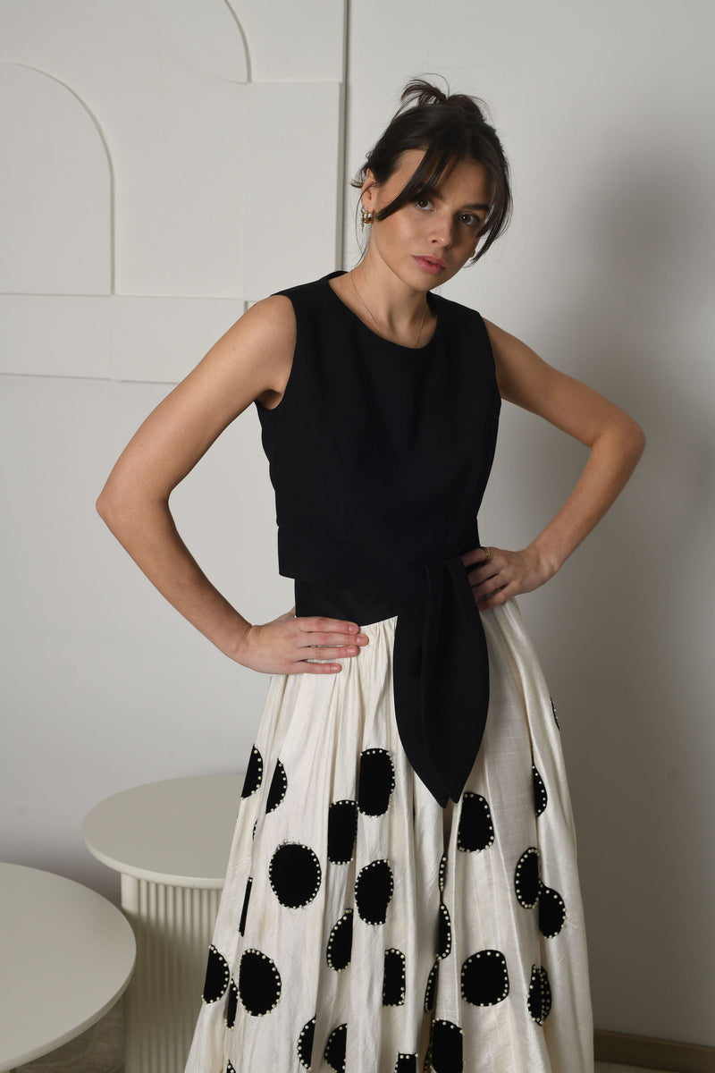 FOR RENT - Celeste Polka Dot Maxi Skirt & Asymmetric Black Top