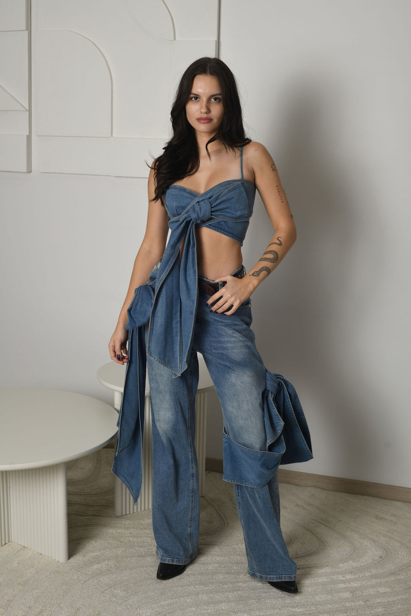 FOR RENT - Denim Tie-Front Two-Piece Set