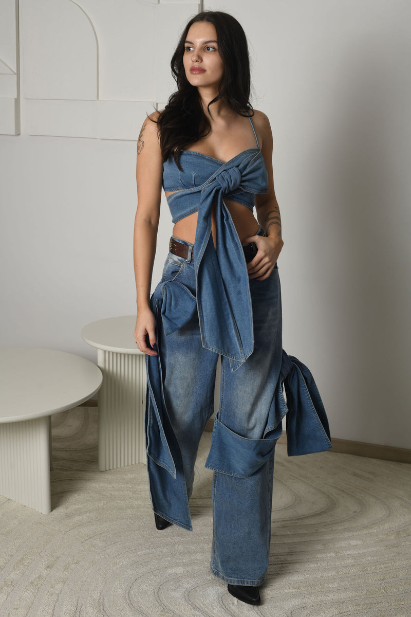 FOR RENT - Denim Tie-Front Two-Piece Set