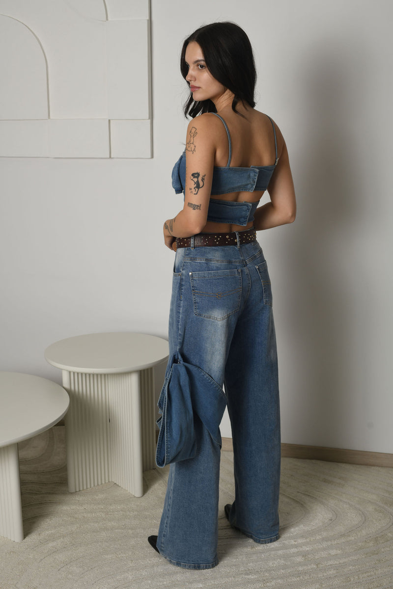 FOR RENT - Denim Tie-Front Two-Piece Set